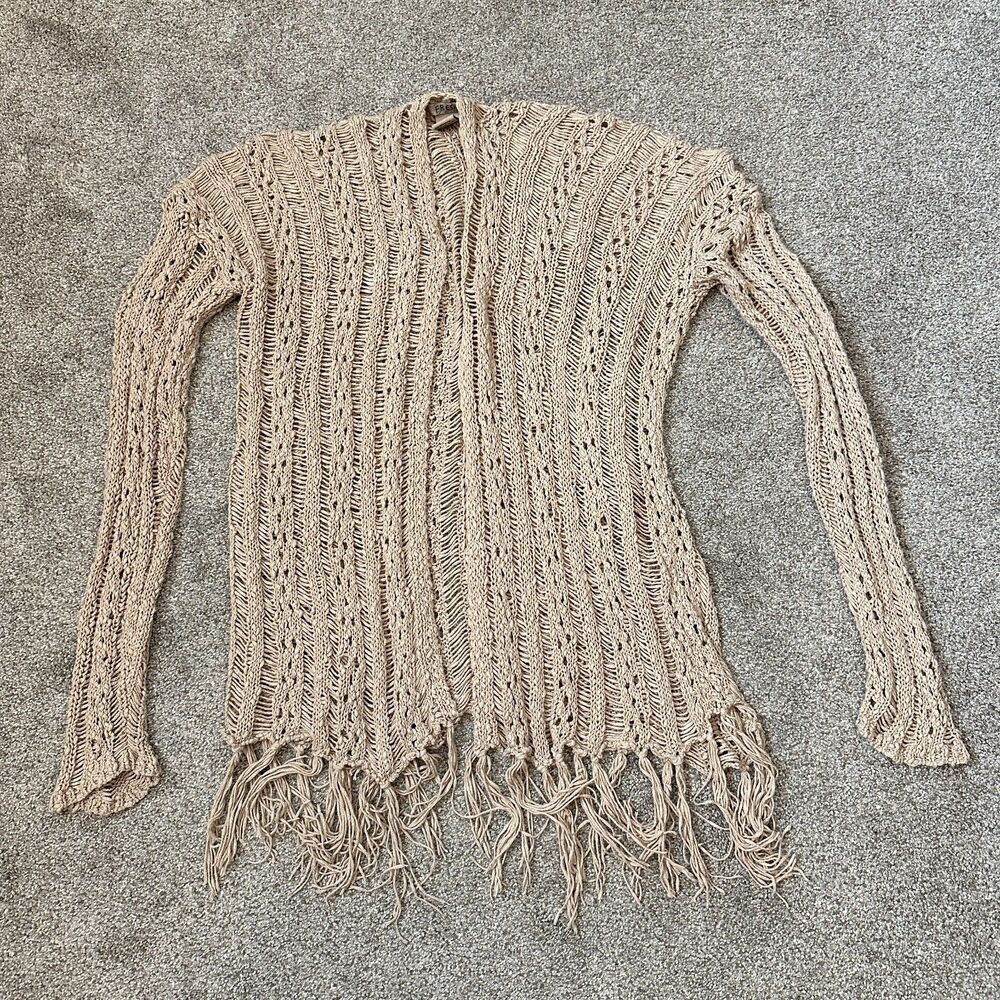 Fresh 525 America Boho Open Knit Fringe Cardigan Sweater Sand Beige Medium - Picture 4 of 10